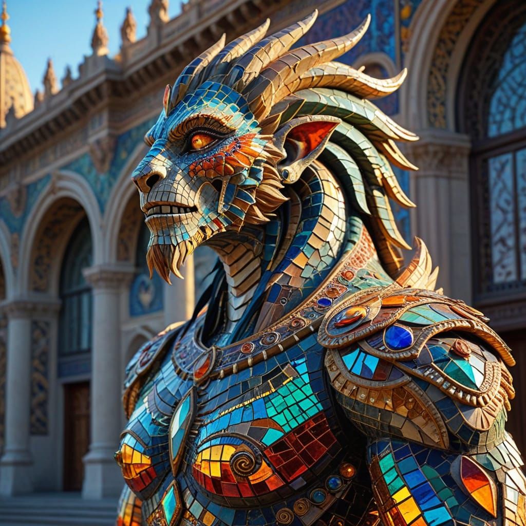 Surreal Mosaic Monster in Ornate City Square
