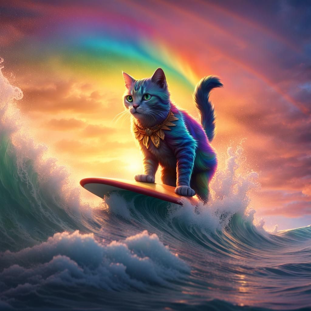 Cat Surfing Tsunami Wave at Sunset: Detailed Digital Art