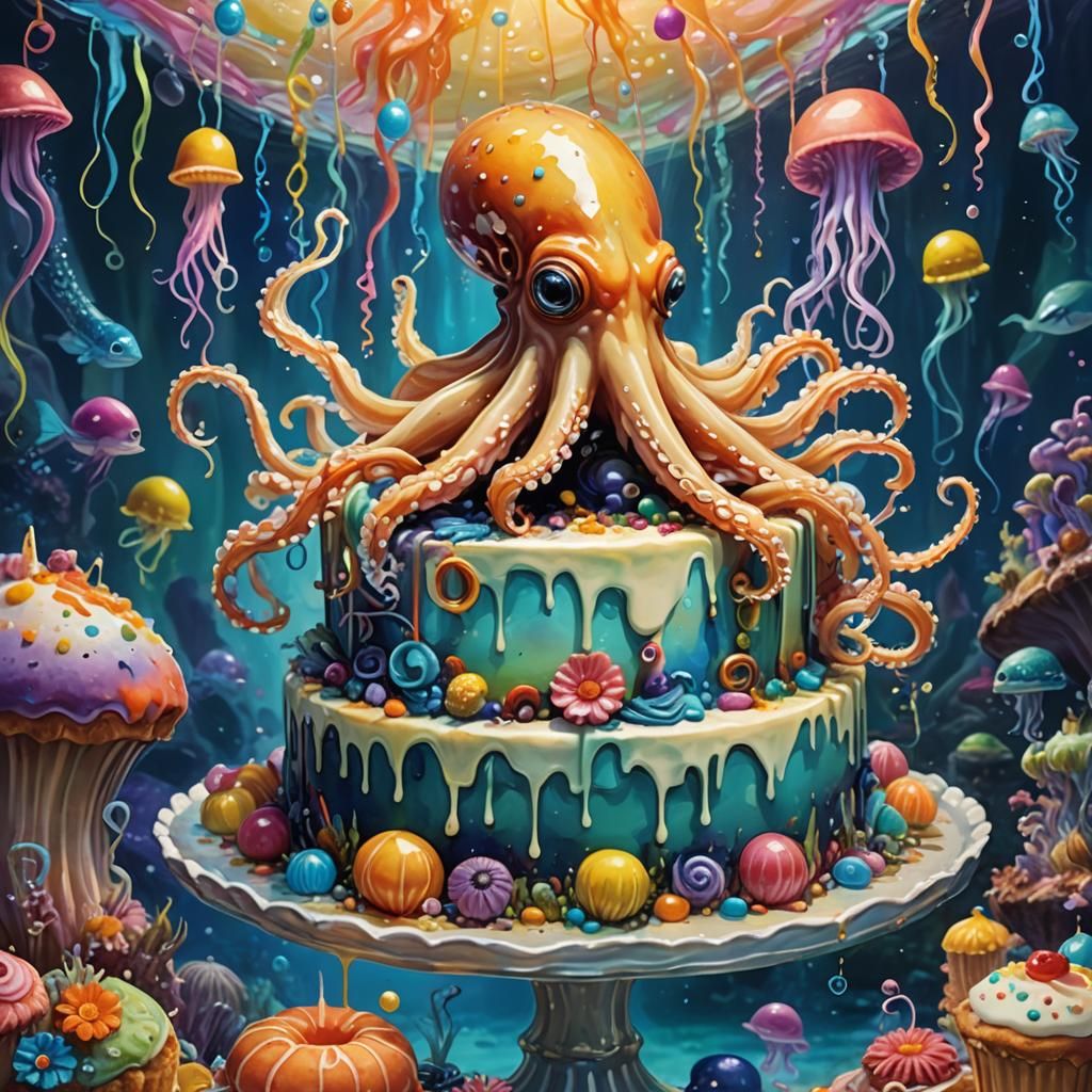 Squid Feasting on Cake in Underwater Kingdom