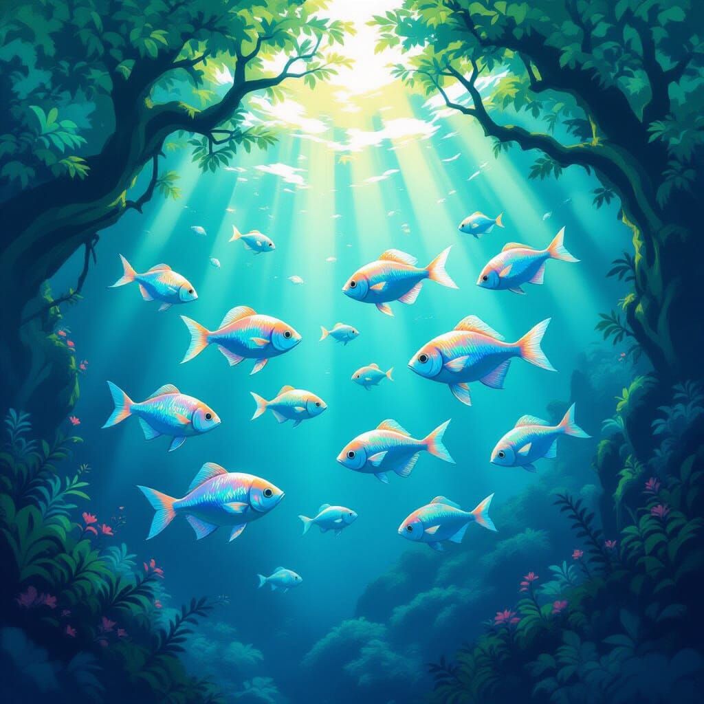 Surreal Fish Swim Through Dreamlike Forest Canopy