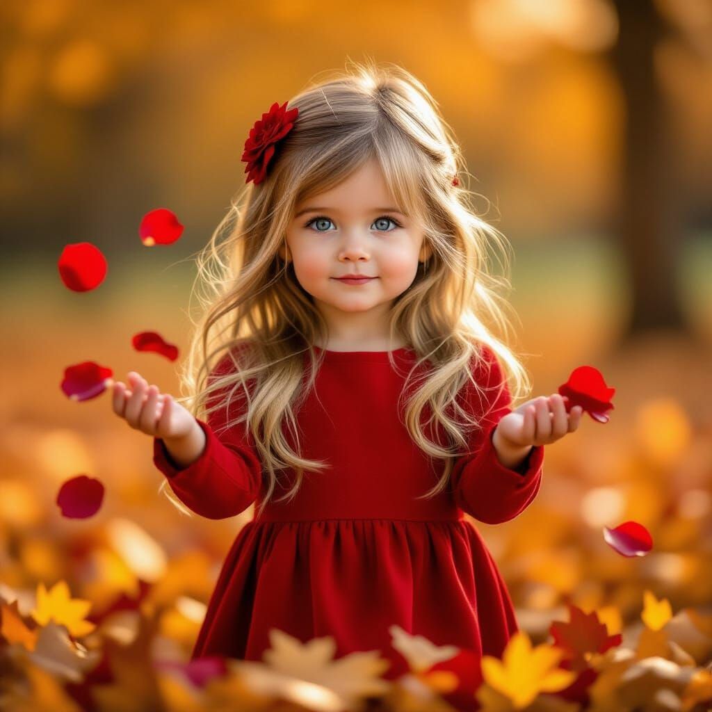 Girl Scattering Rose Petals in Autumn Leaves