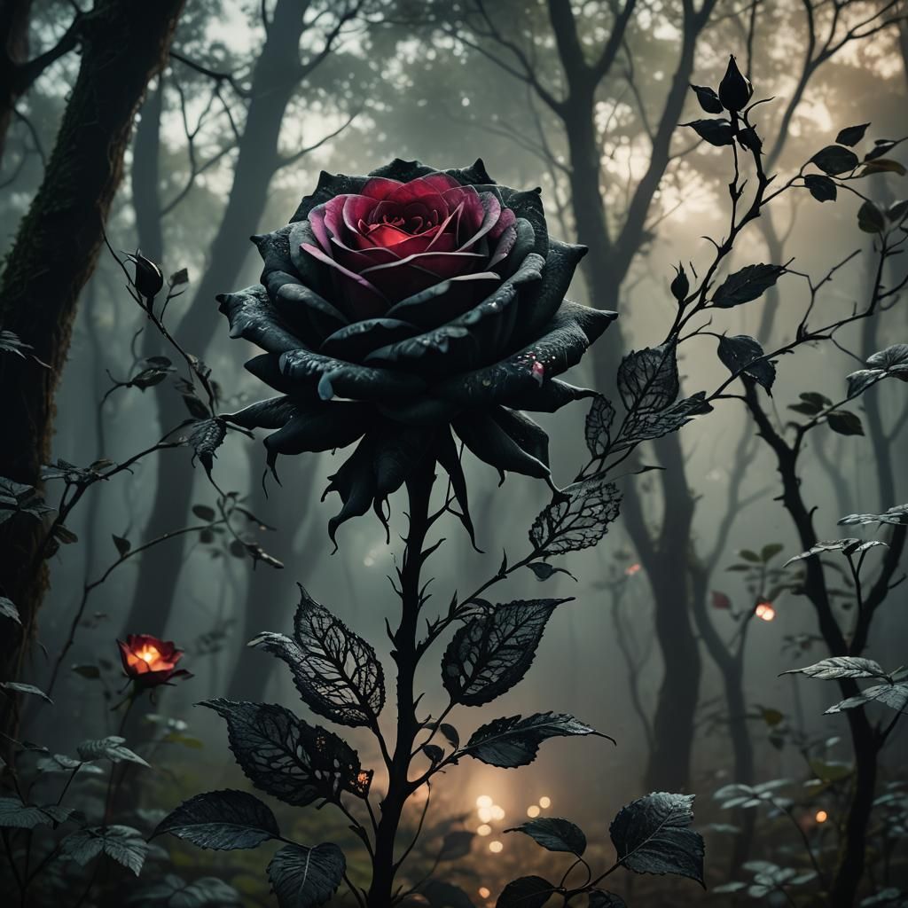 Black Lace Rose in Mystical Forest: Fantasy Art