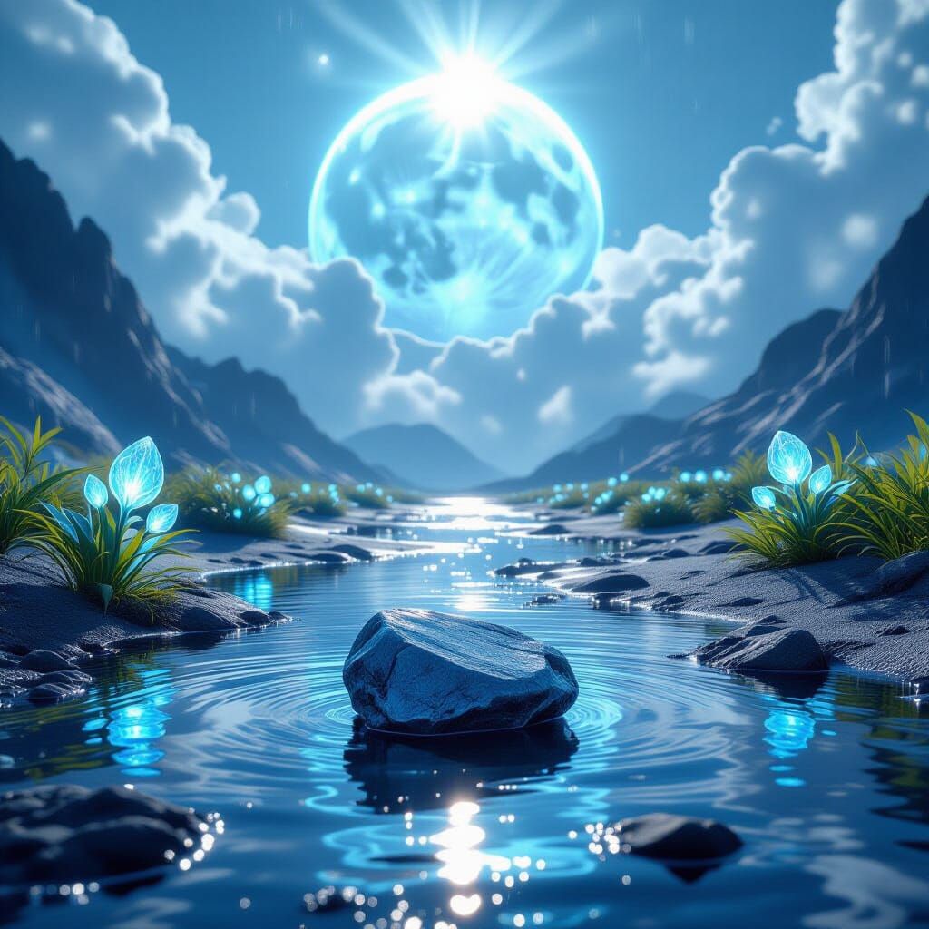 Alien Riverbed With Amazonite and Icy Planet