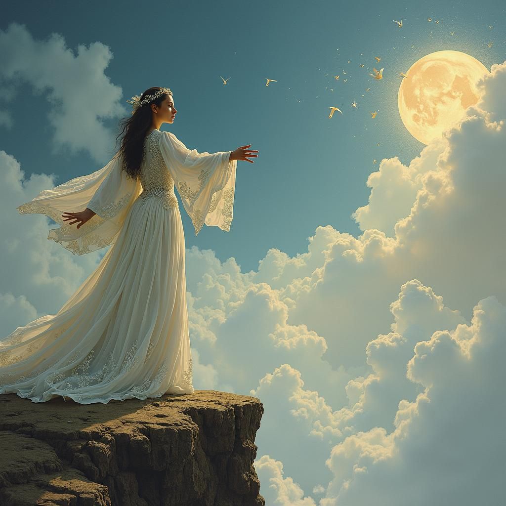 Mystical Woman Summons Heavens in Surreal Style