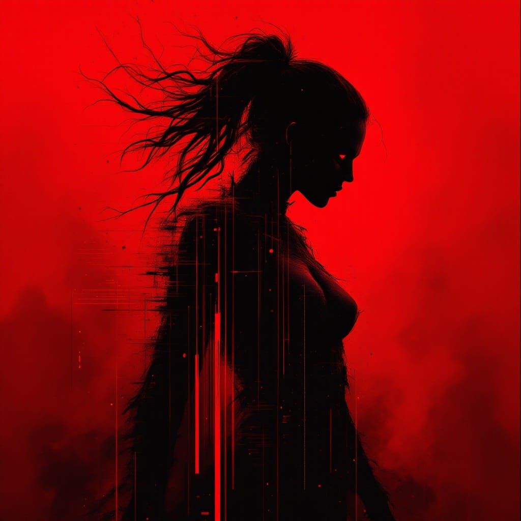 Glitch Art Zombie Warrior Woman in Red Smokey Background