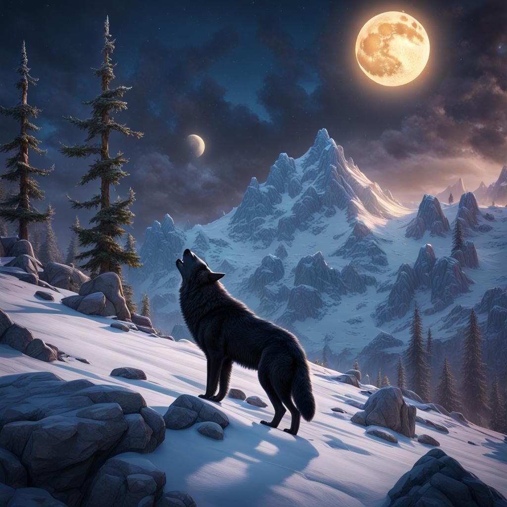 Wolves Howling at Moon in Crystal Landscape