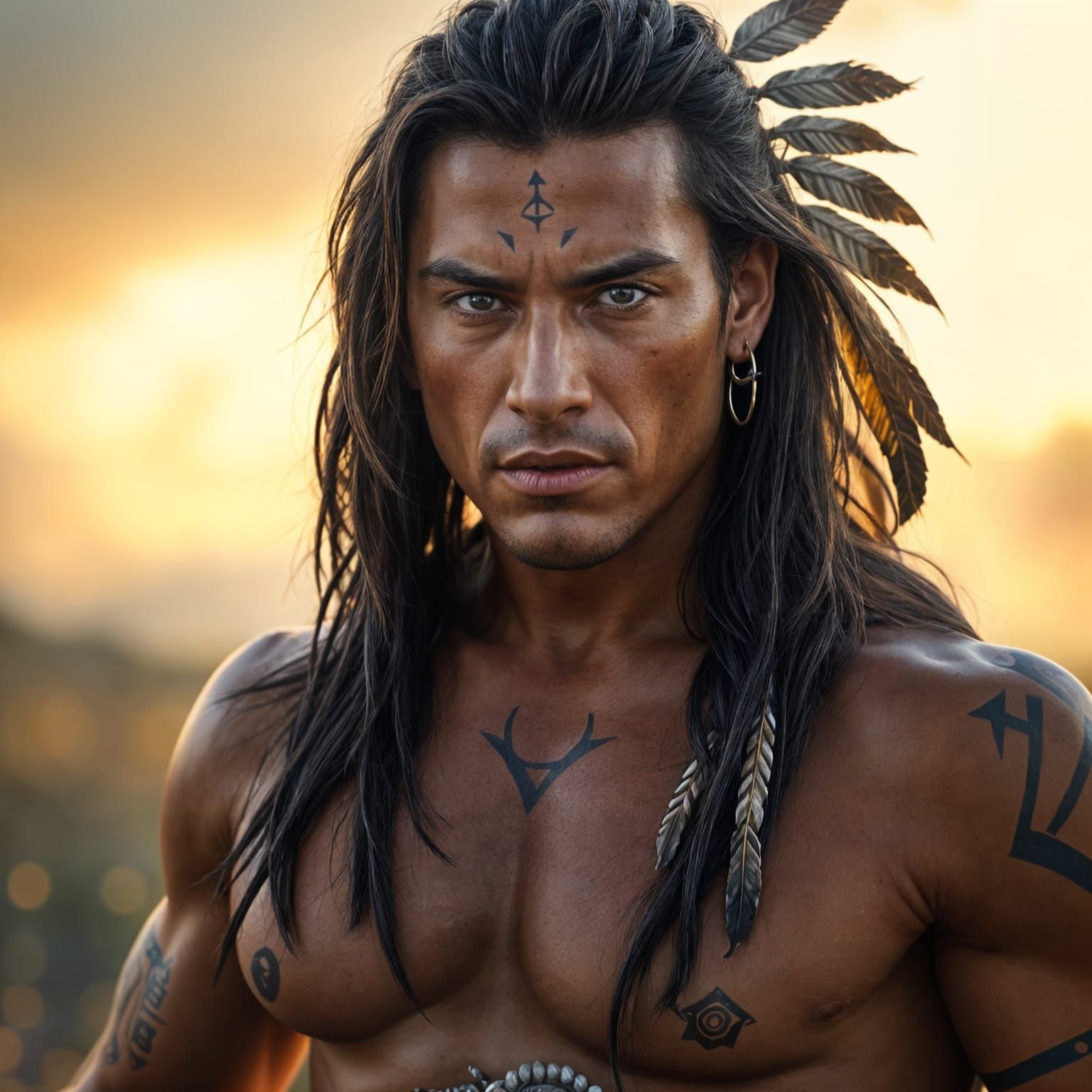 Strong Native American Warrior in Serene Natural Setting
