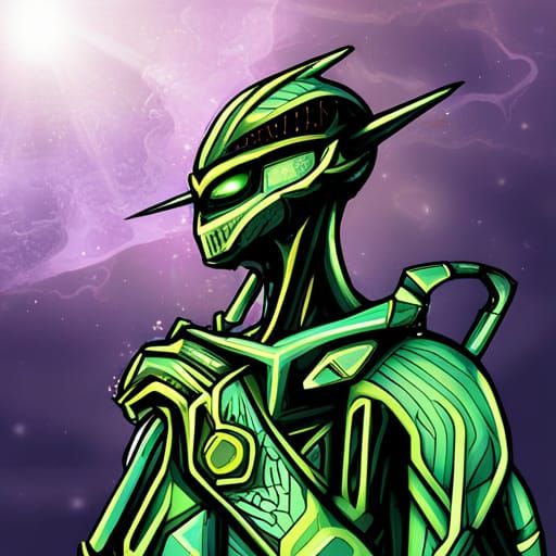 Neon Alien Cyborg Cat in Anime Manga Style