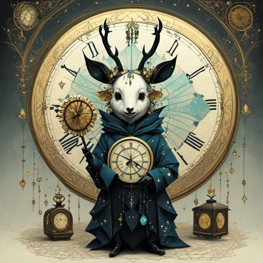 Origami Creature Holding a Clock with Starry Texture