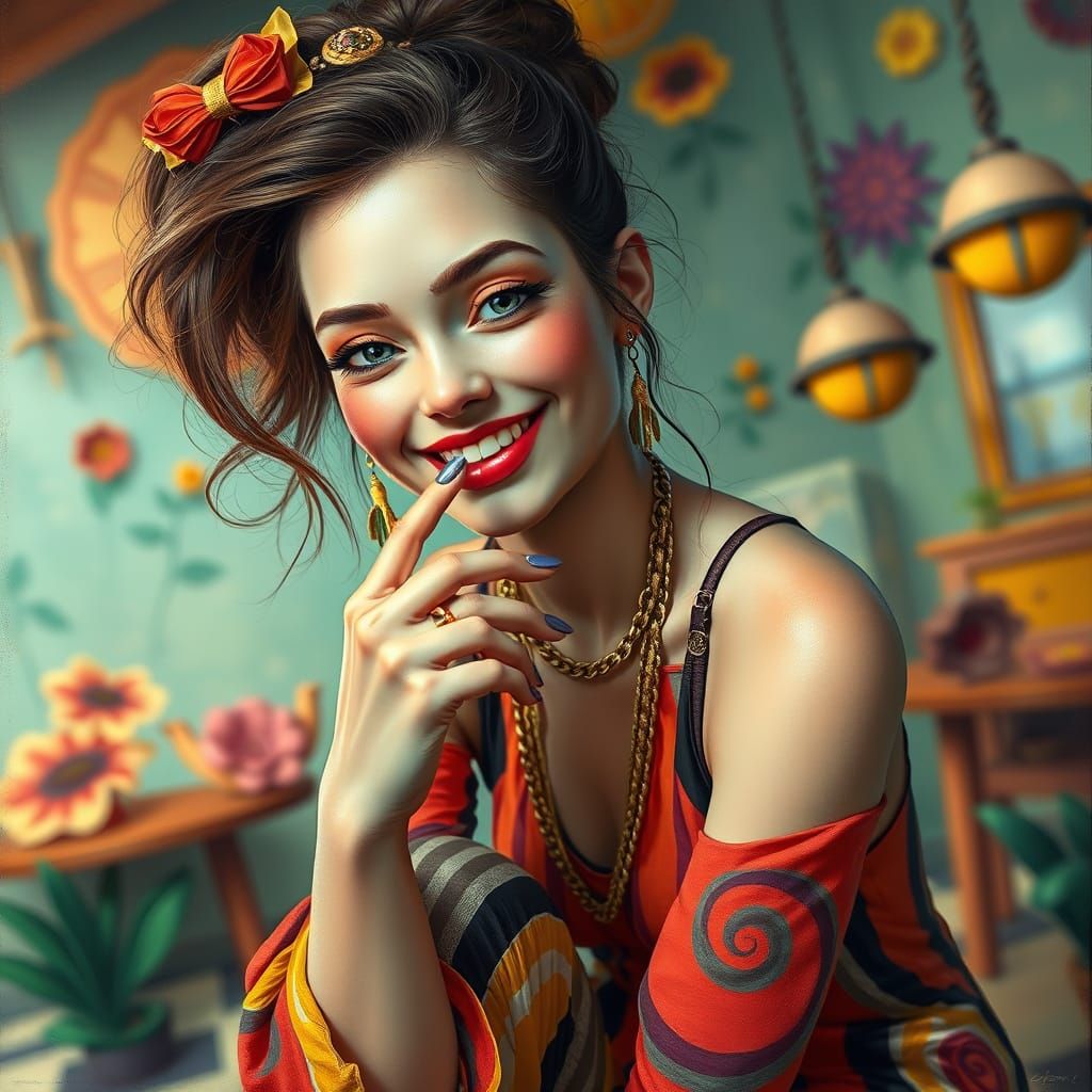 Whimsical Bohemian Lady in Striped Attire with Grunge Aesthe...