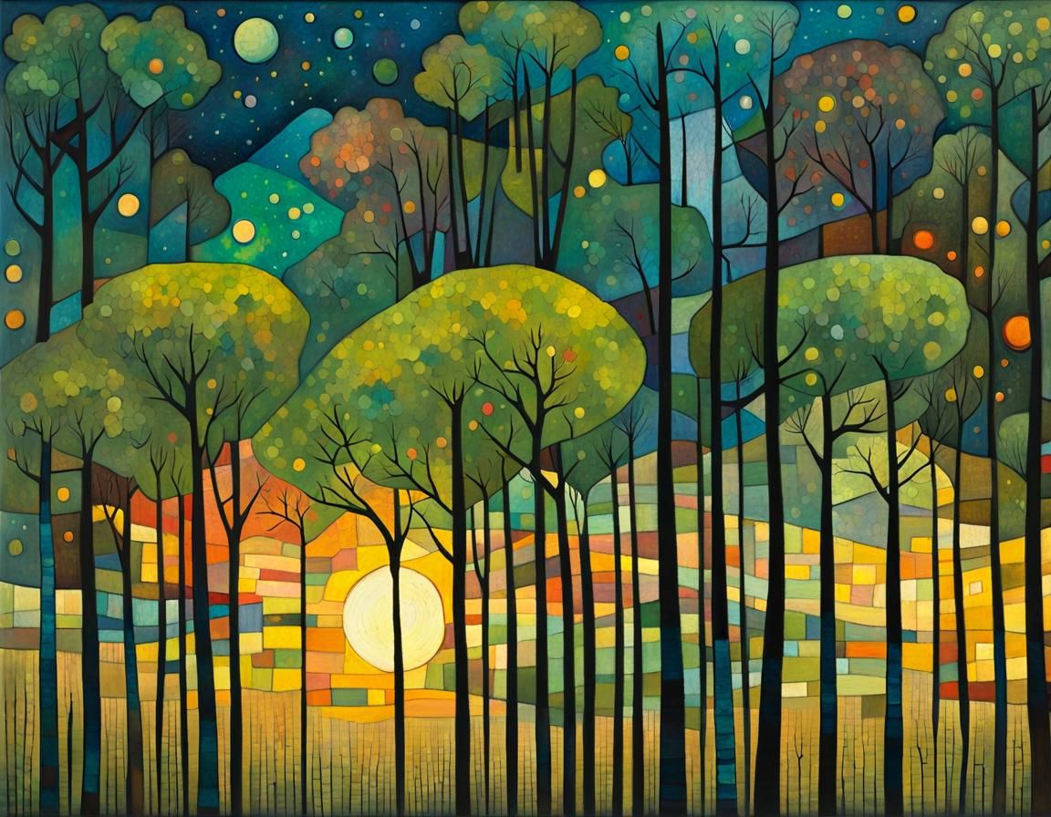 Sunset Birchwood Forest in Art Brut Style