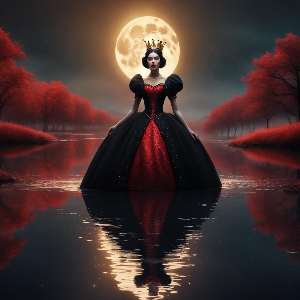 Queen of Hearts at Lake in Moonlight