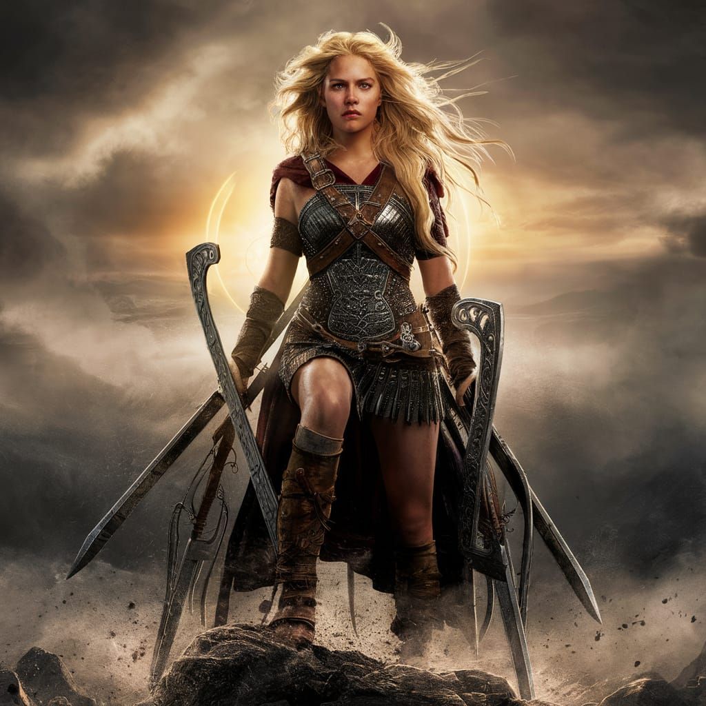 Blonde Viking Shieldmaiden in Golden Sunset Portrait