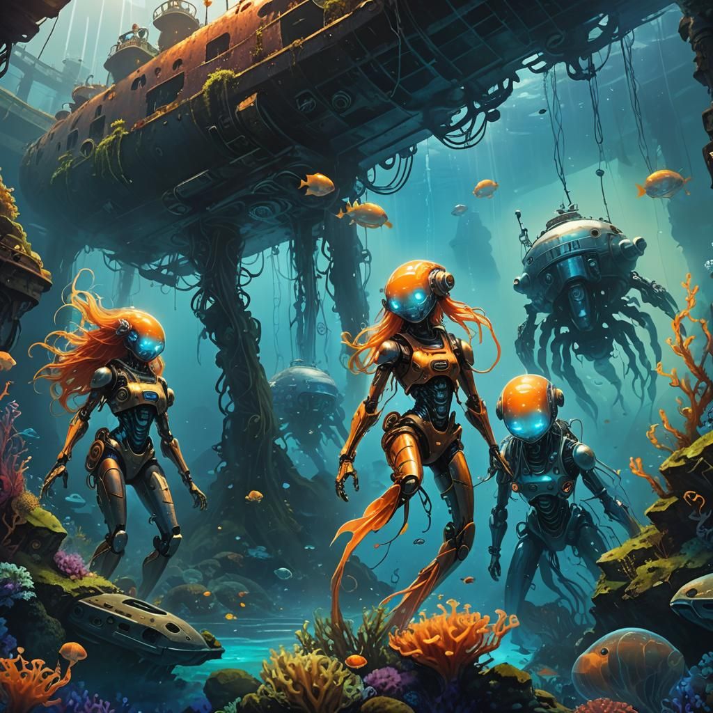 Robot Mermaids Explore Sunken Submarine in Fantasy Art