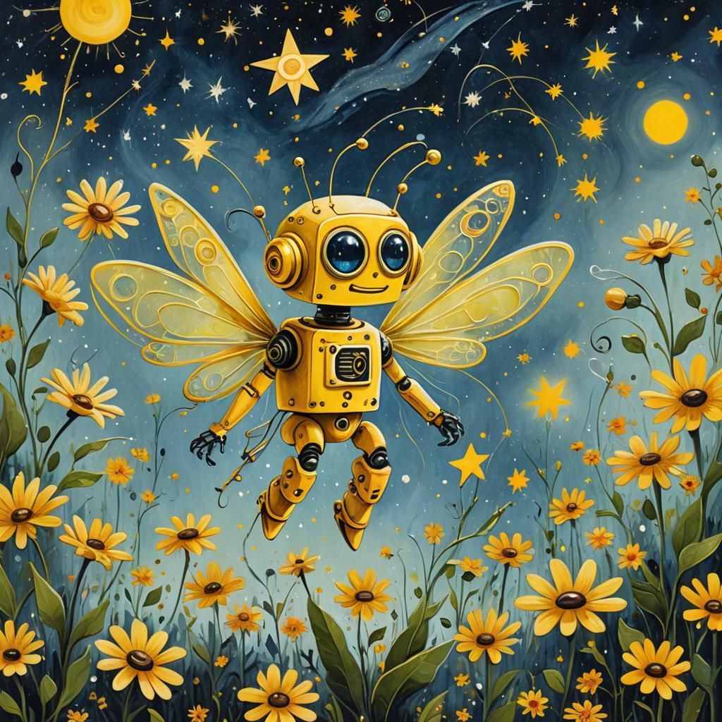 Robot Fairy Growing a Magical Flower, in Gouache Style