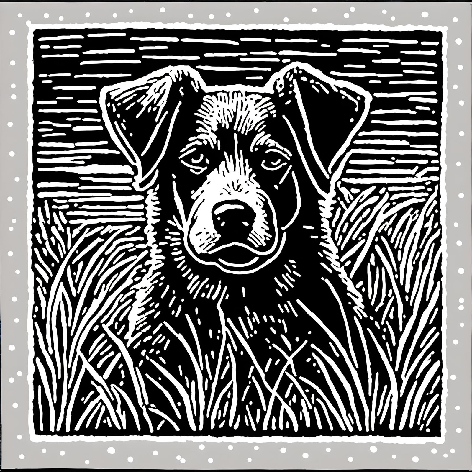 Dog in Grass: Linocut Style Art