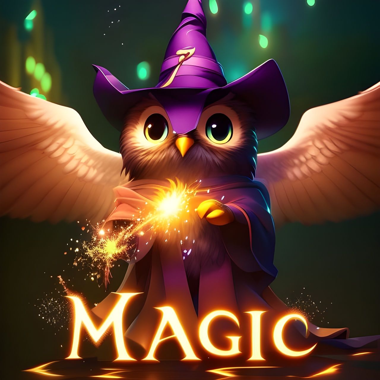 Cute Wizard Owl Casting Magic Spell, Photorealistic Style