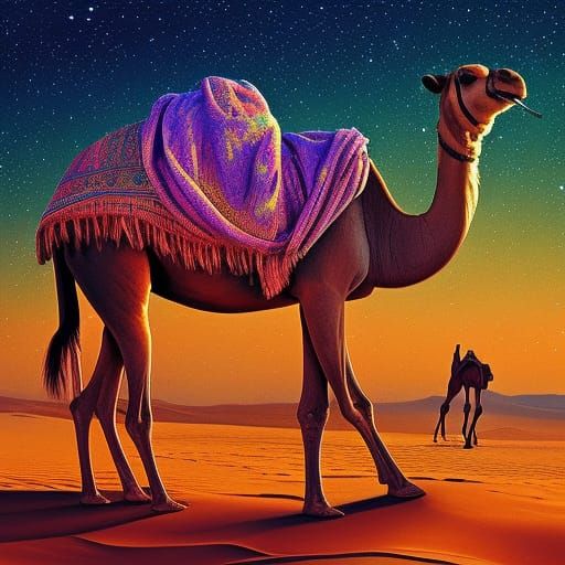 Sahara Camel and Galactic Sunset in Digital Art