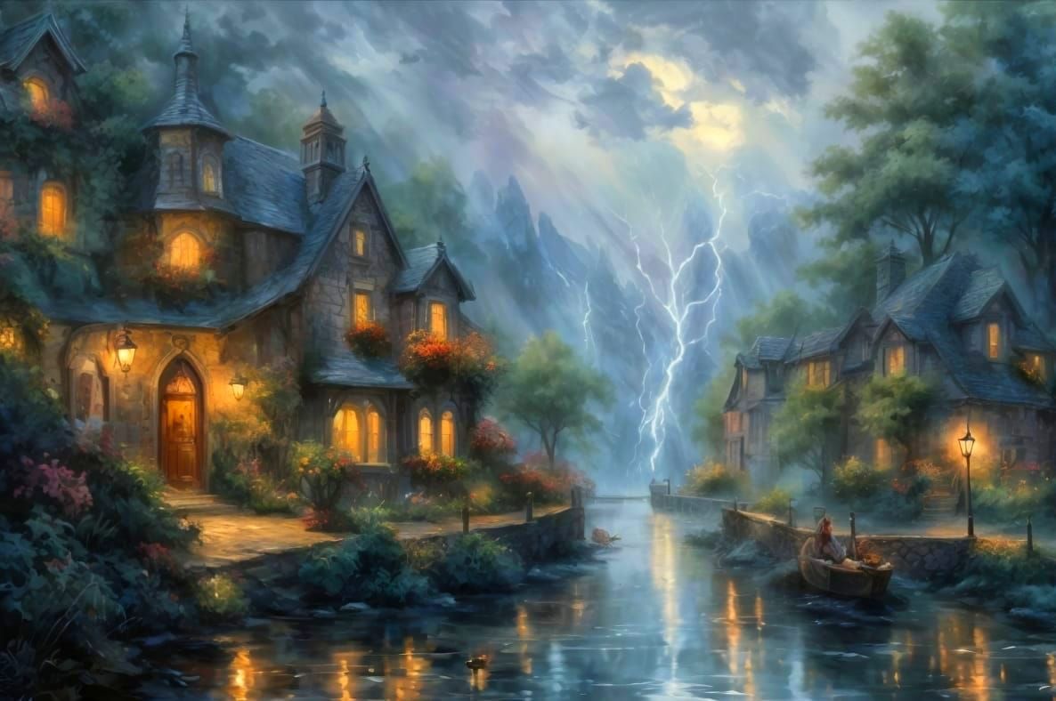 Rainy Town Street Scene in Watercolor Style