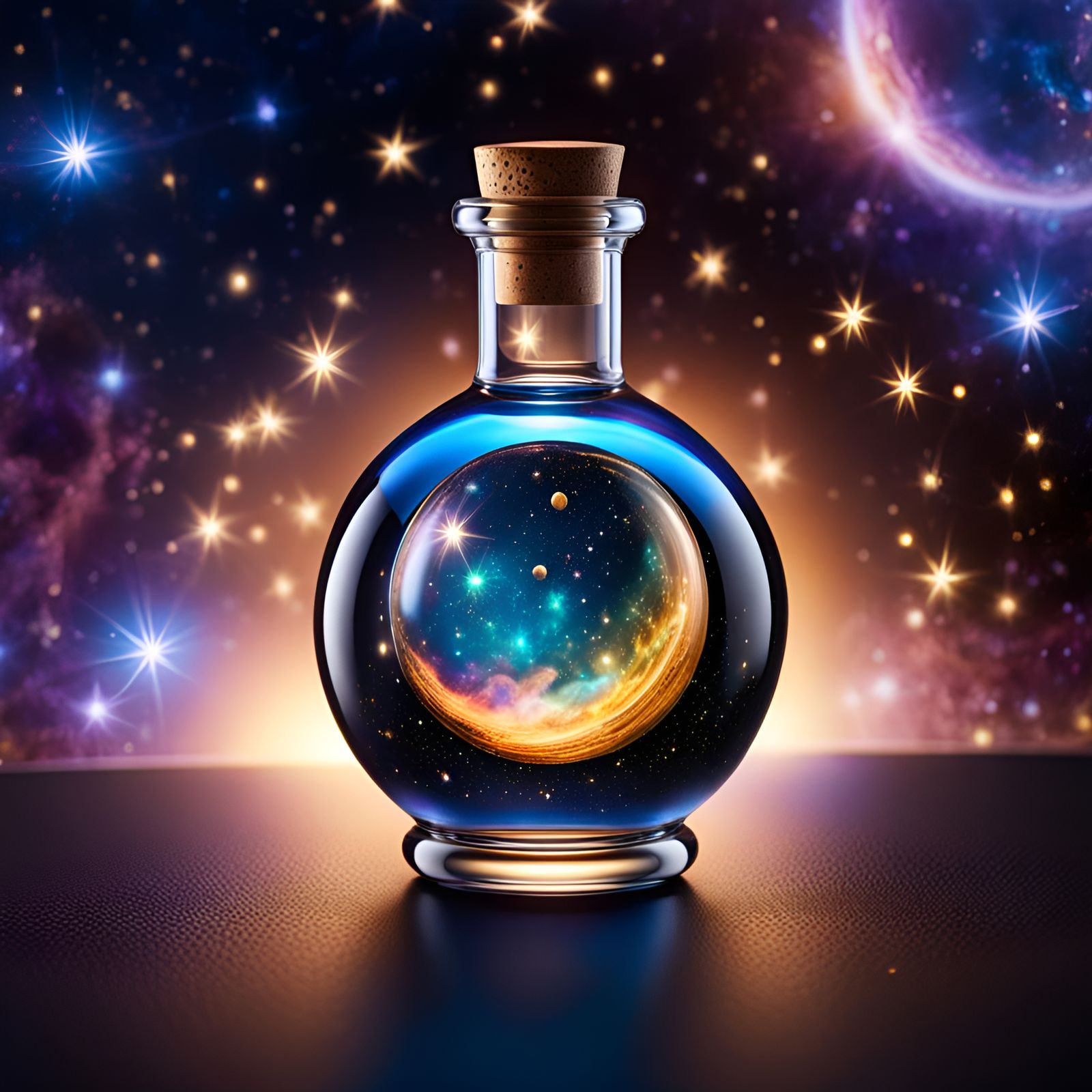 Celestial Micro Planet in Glass Bottle, Holographic Illustra...