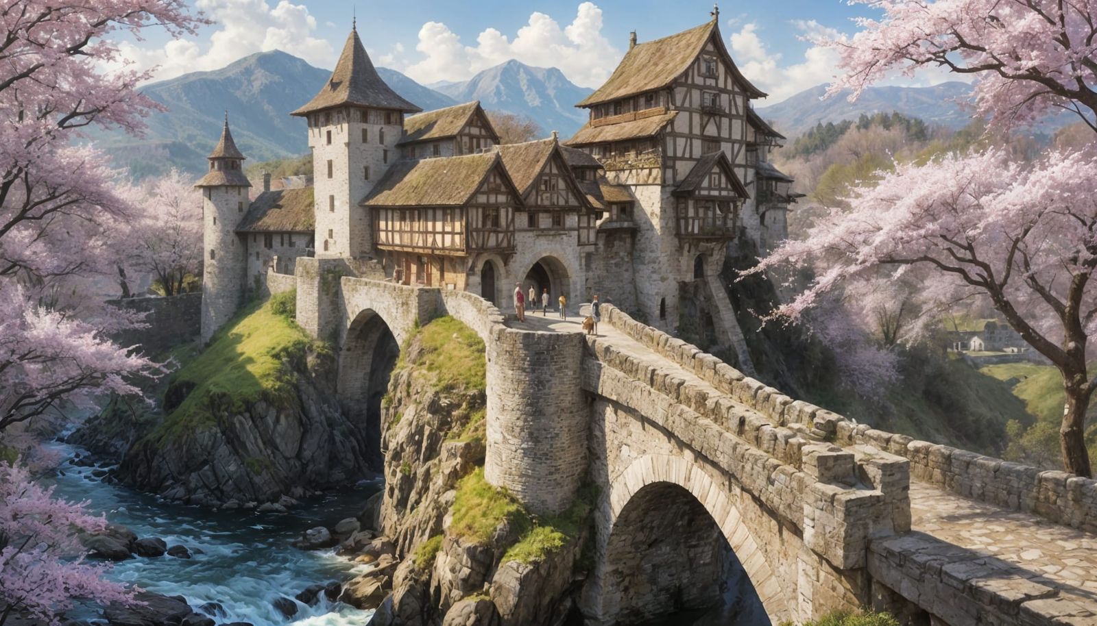 Medieval Bridge Connects Mountain Castles in Watercolor Styl...