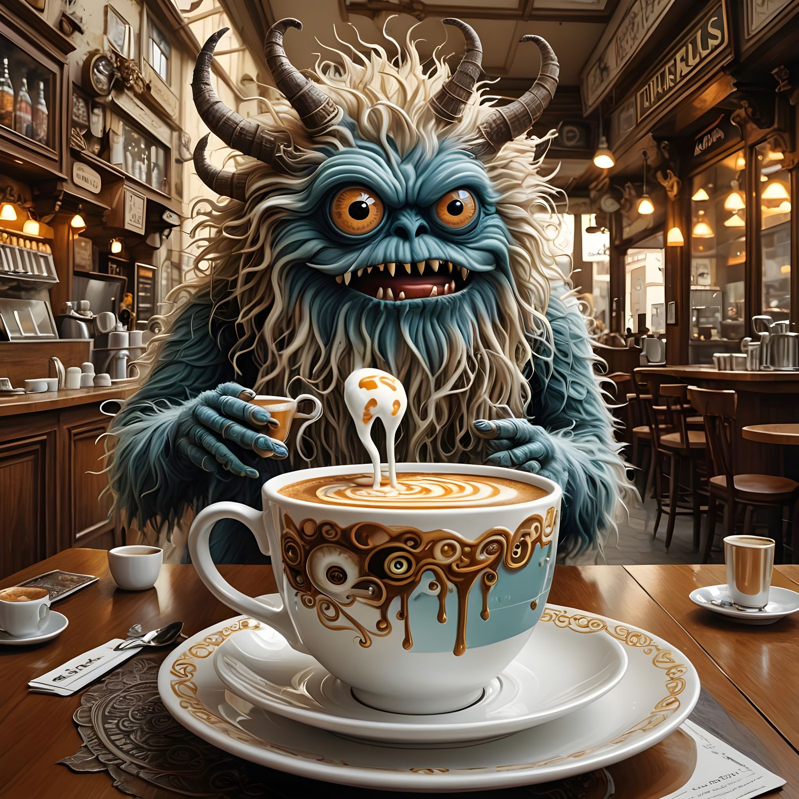 Eyeball Monster Drinks Cappuccino, Fluid Acrylic Style