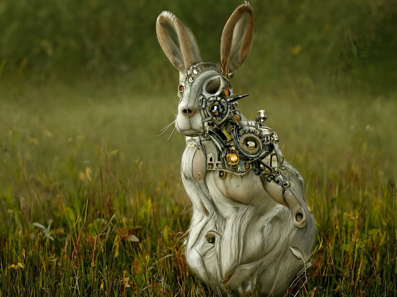 Steampunk Clockwork Hare in a Field