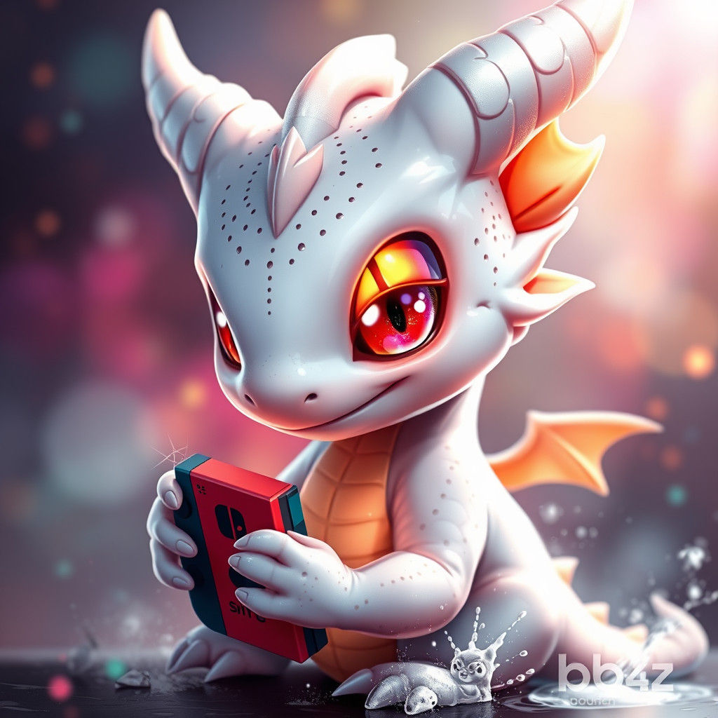 Cute White Chibi Dragon Playing Switch