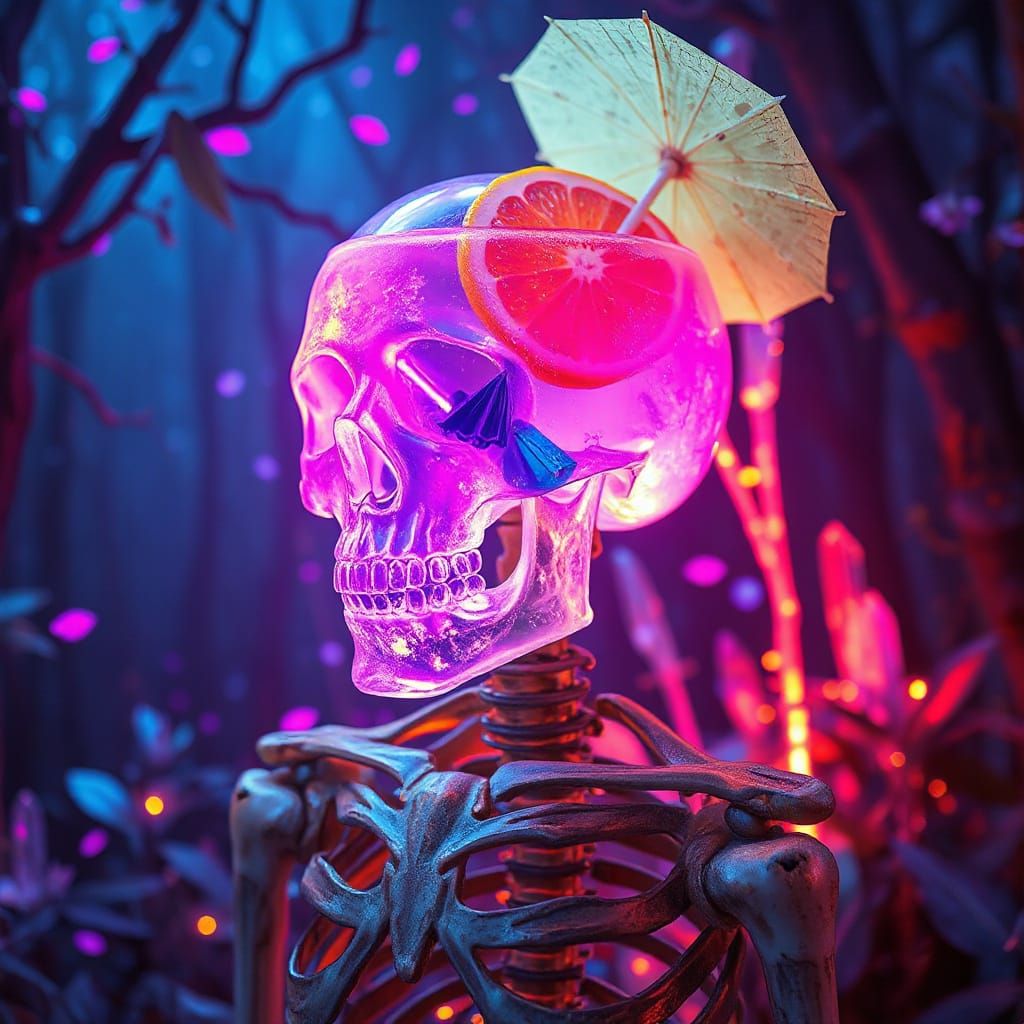 Crystal Skeleton with Glowing Cocktail Head in Surreal Fores...