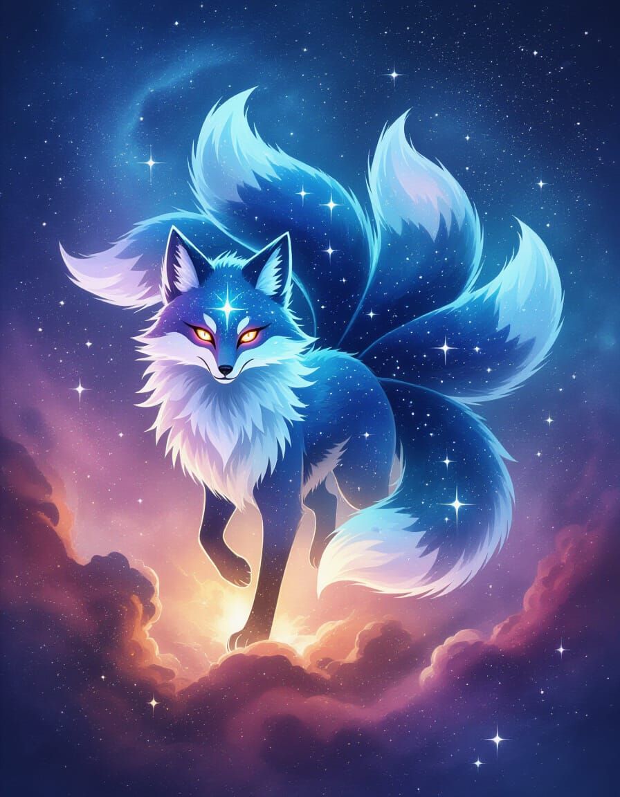 Cosmic Kitsune Emerges from Nebula in Watercolor Style