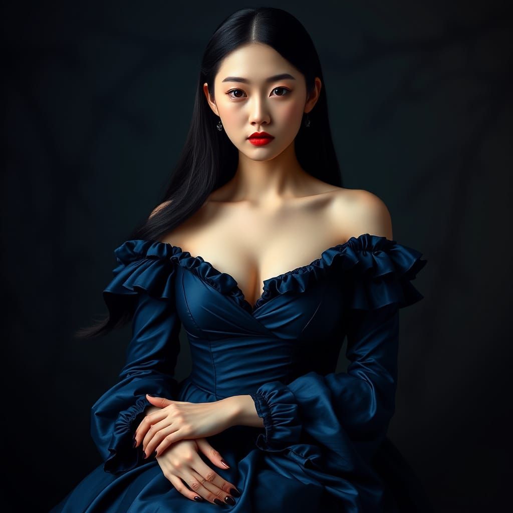 Elegant Korean Woman in Blue Gown: Photo-Realistic Portrait