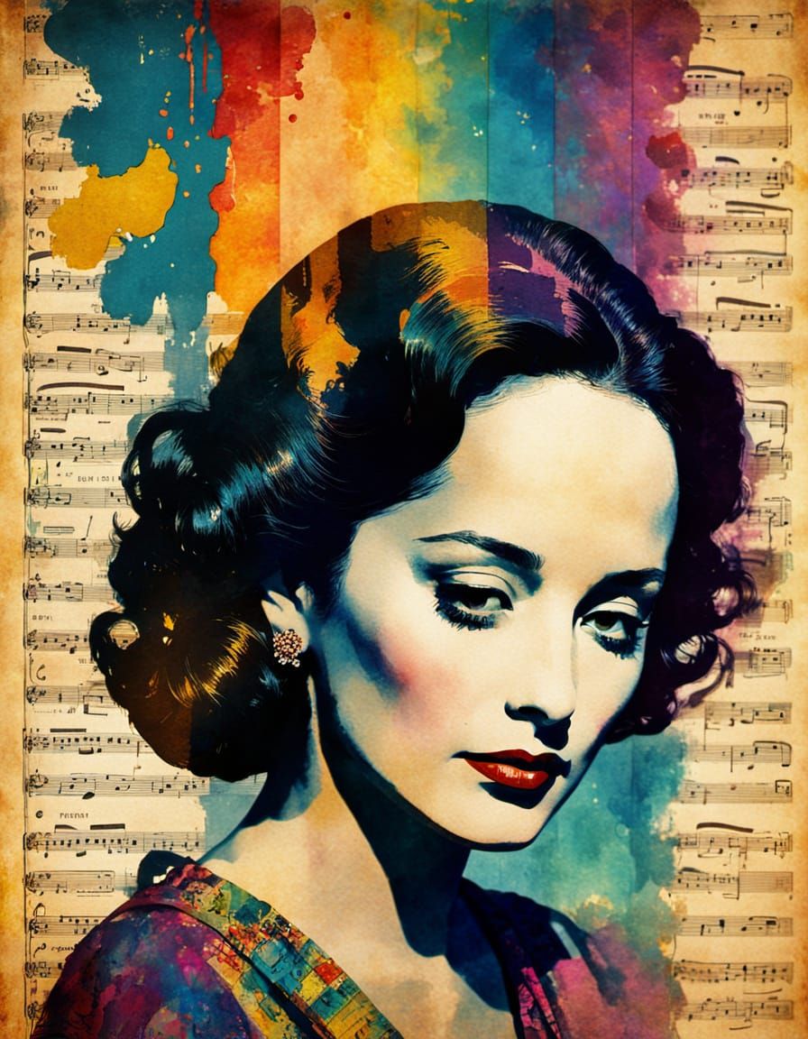 Fauvist Portrait with Vintage Sheet Music
