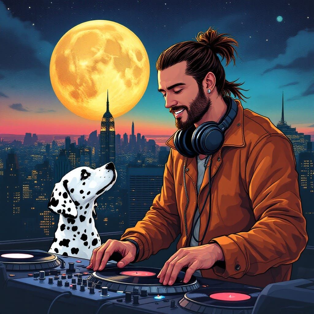 DJ Spins Records Under Vibrant Night Sky