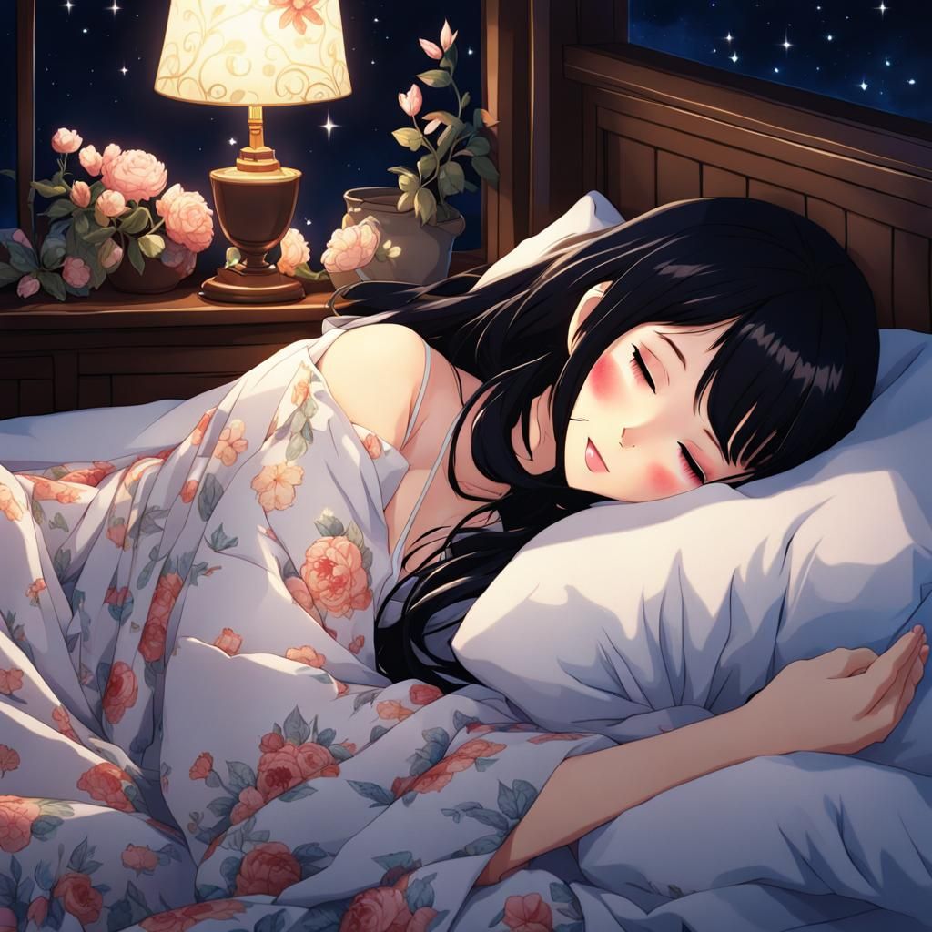 Sleeping Black-Haired Girl in Anime Style
