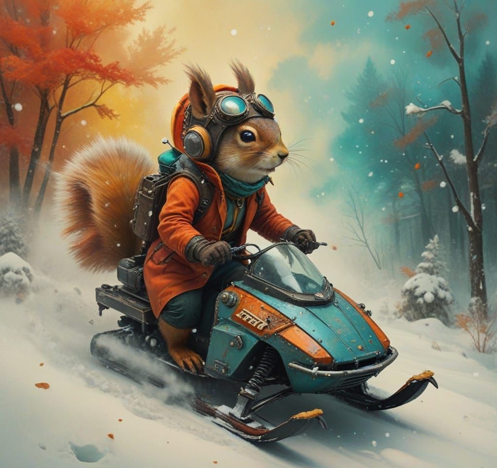 Surreal Steampunk Squirrel Rides Colorful Snowmobile