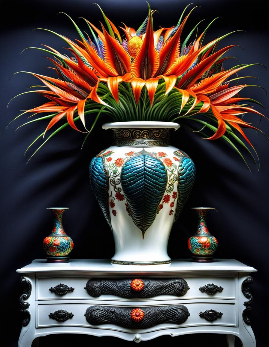 Japanese Vase with Dragonflowers in Giger Style