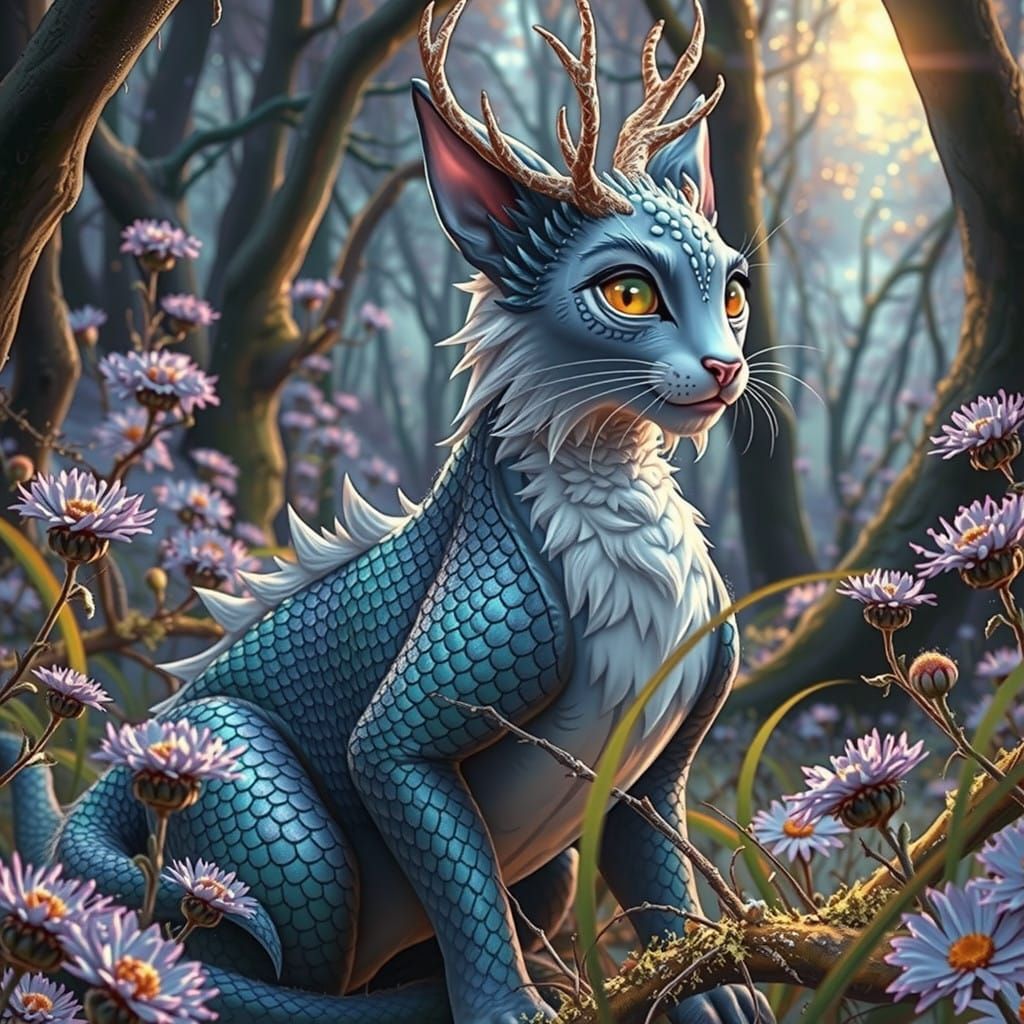 Serene Dragon-Cat in Winter Forest, Iridescent Scales and An...