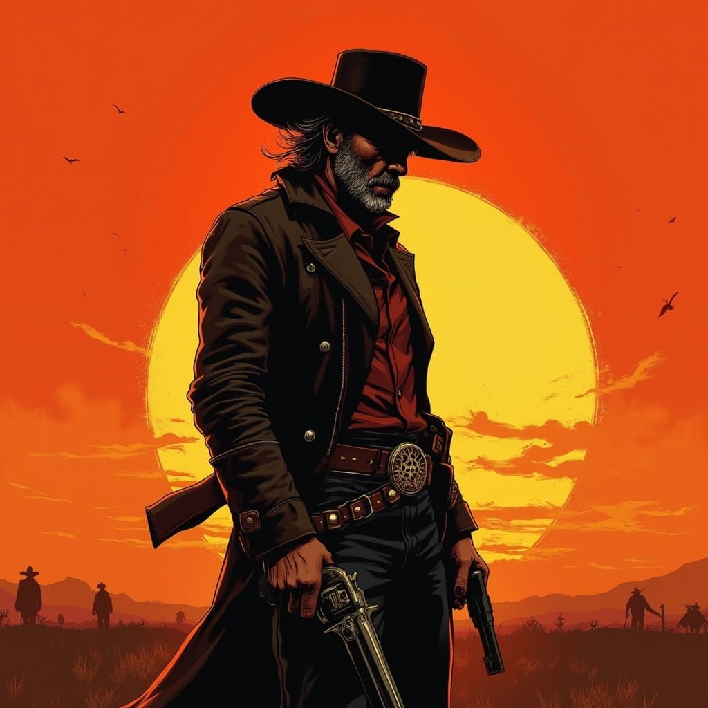 Lone Gunslinger in Fiery Western Sunset, Gritty Realism