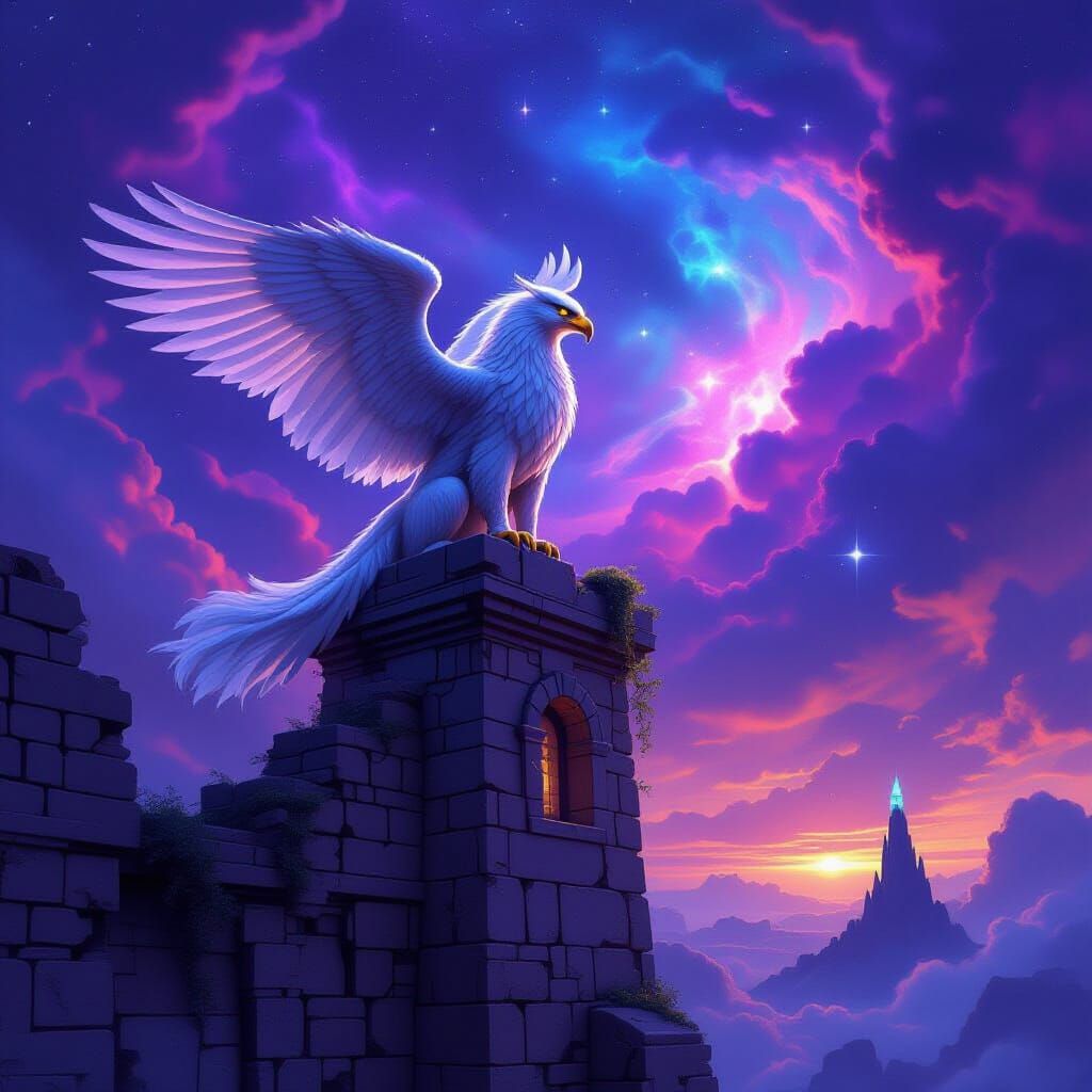 Majestic Griffin on Ancient Observatory Under Cosmic Nebula