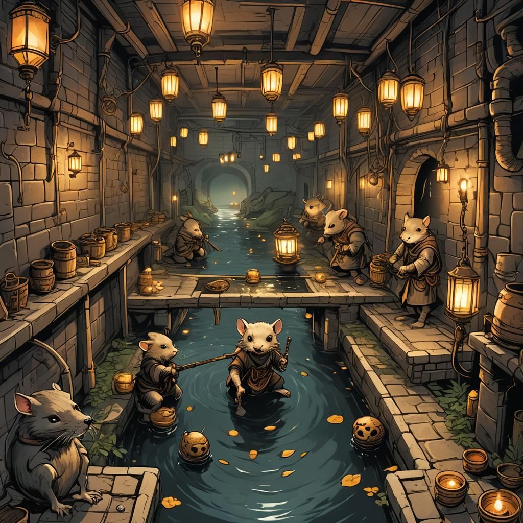 Fantasy Sewer Scene with Rat Ninja, Alan Lee Style