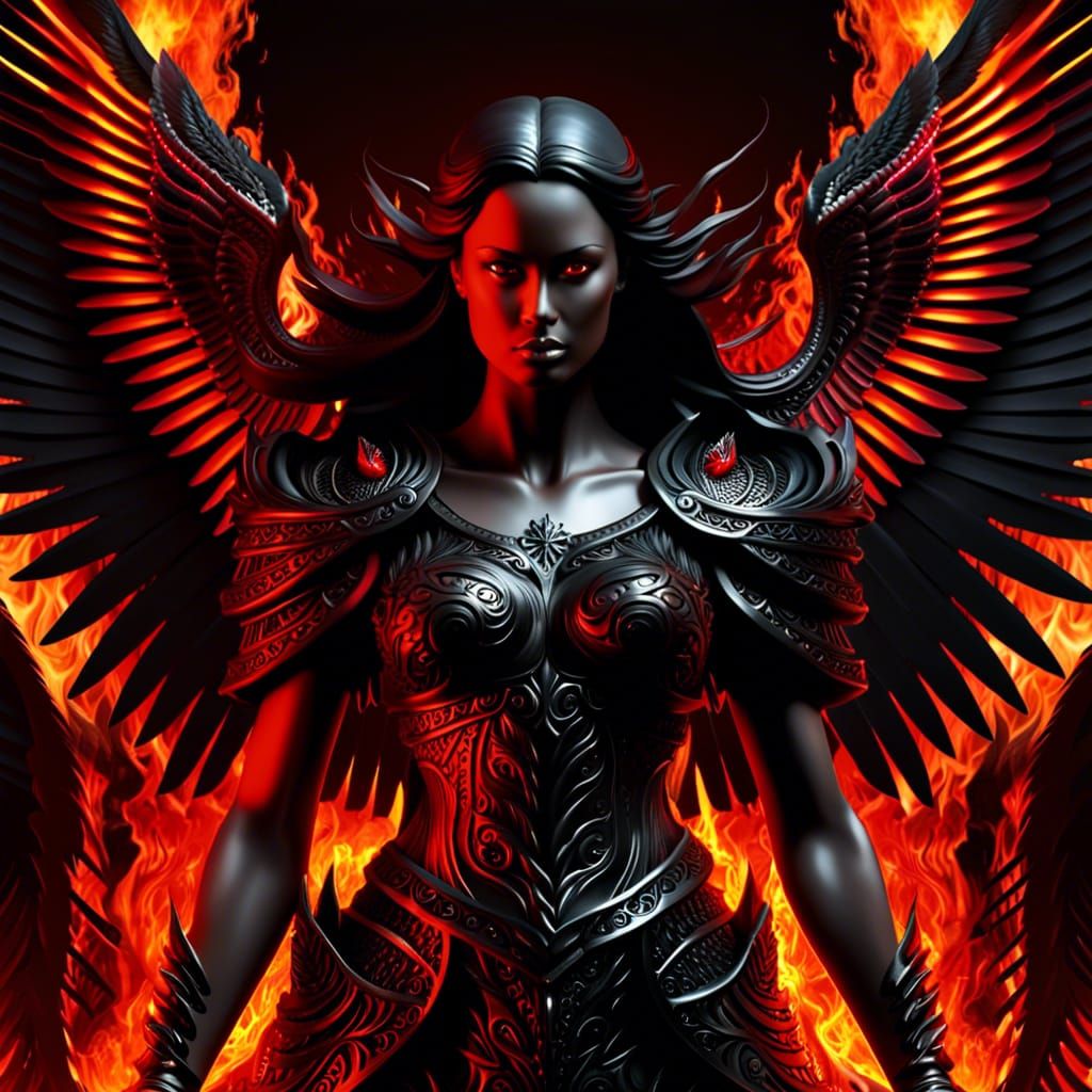 Angel of anger made of black fire, angel of wrath made of red fire