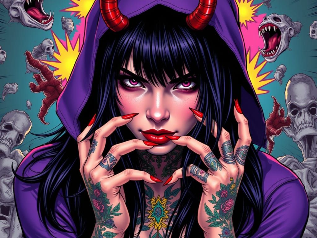 Gothic Punk Woman with Devil Horns in Comic Style