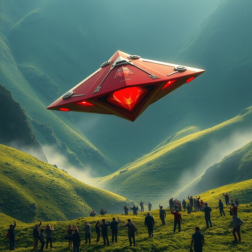 Sleek UFO Descends onto Lush Valley Floor