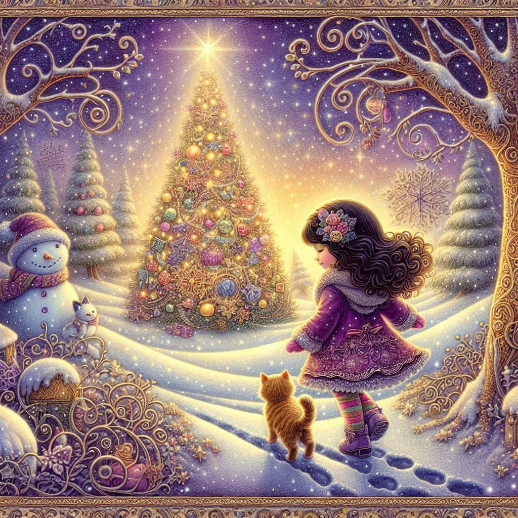 Magical Hispanic Girl and Cat Walk Towards Christmas Tree in...