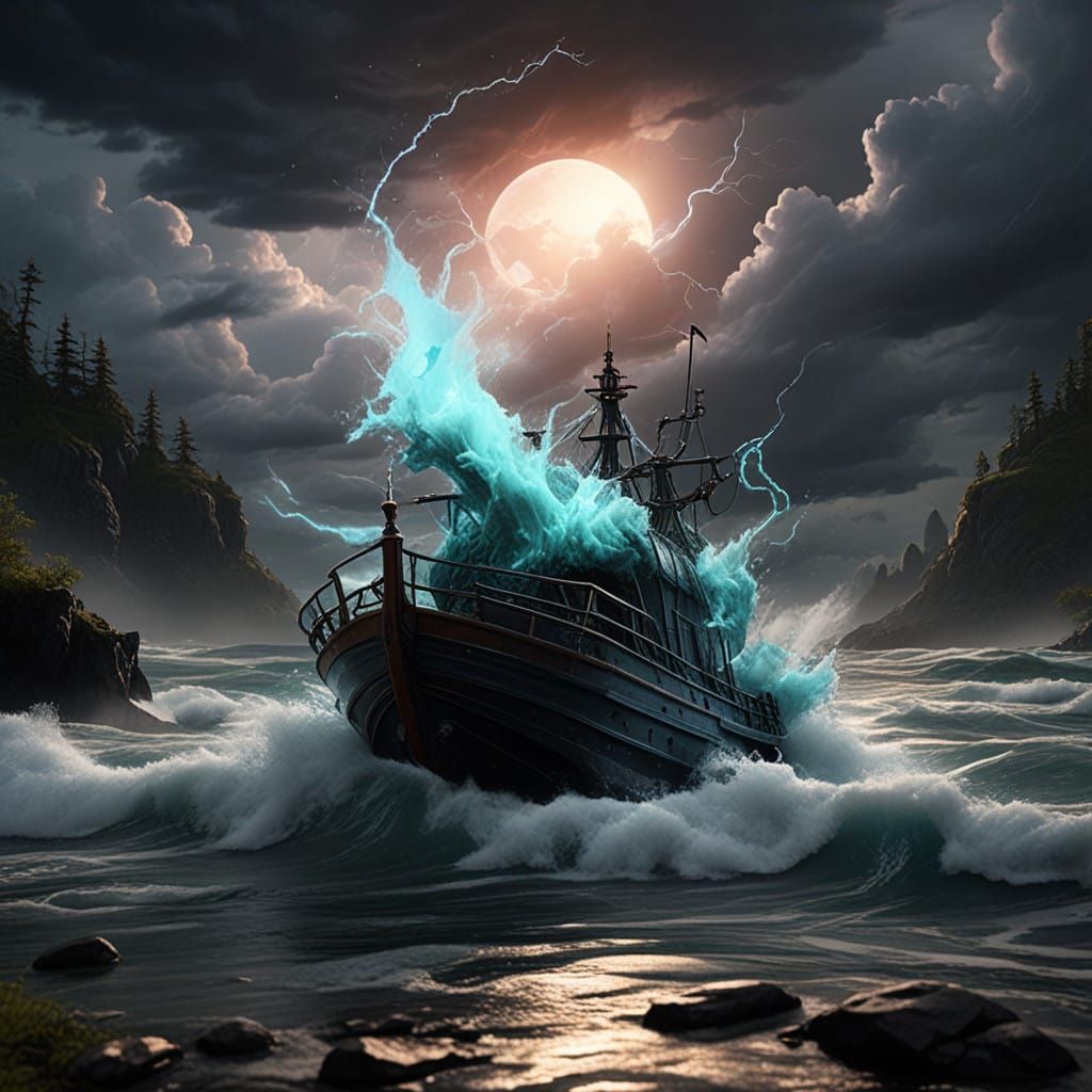 "An intense and surreal storm contained within a small glass of water. Inside, dark, turbulent clouds swirl with flashes...