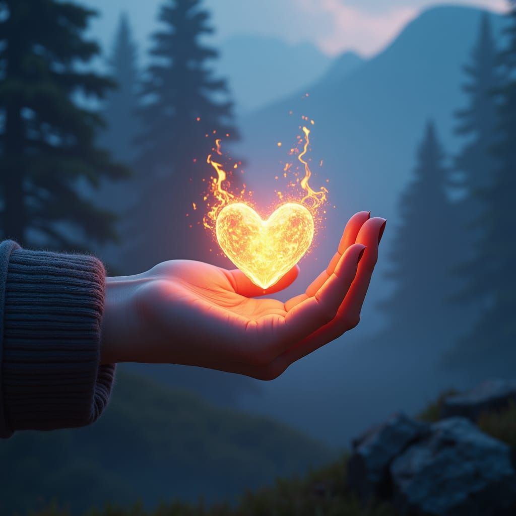 Ethereal Flames: Woman's Hand Cradling Glowing Heart