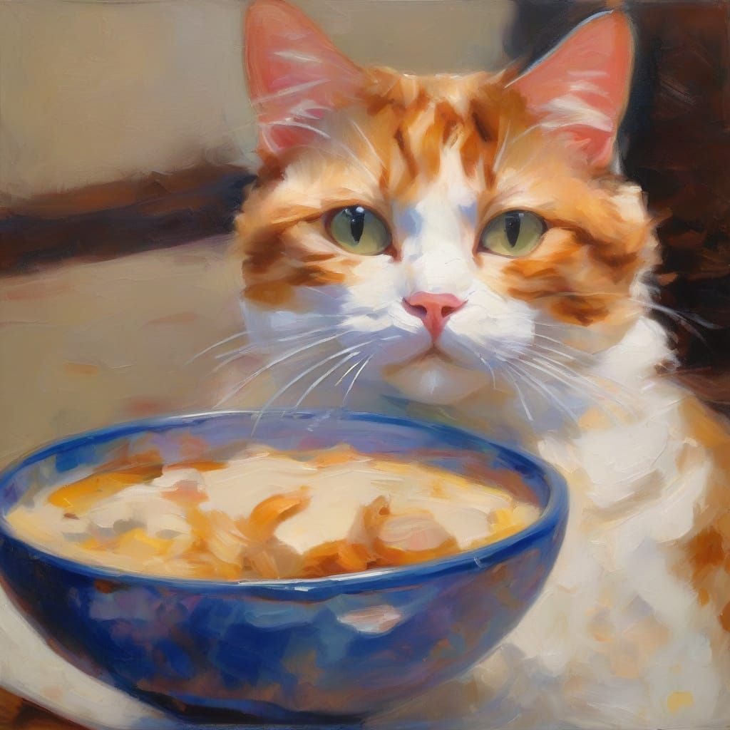 Calico Cat Enjoys Cream in Dreamlike Oil Painting