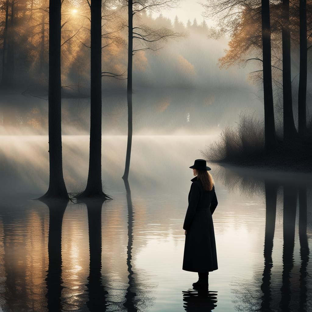 Woman in Black Coat at Misty Lake