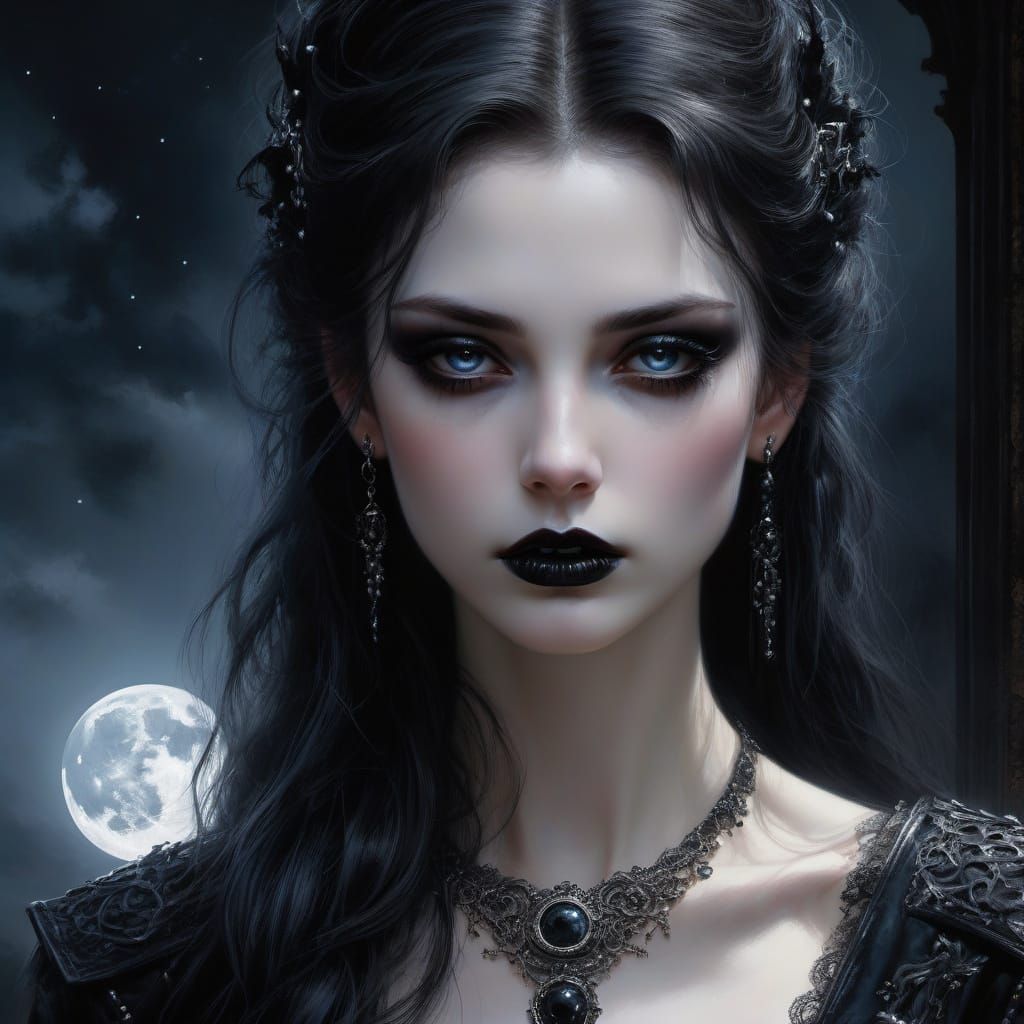 Gothic Woman Portrait in Moonlight, Dark Fantasy Art