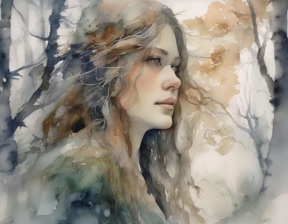 Melancholic Witch Double Exposure Portrait in Watercolor Sty...